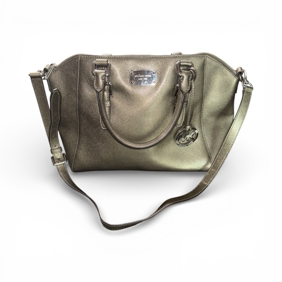 Michael Kors Handbags - Michael Kors Gold Bag Ciara large Saffiano Leather Satchel Metallic Pewter Purse